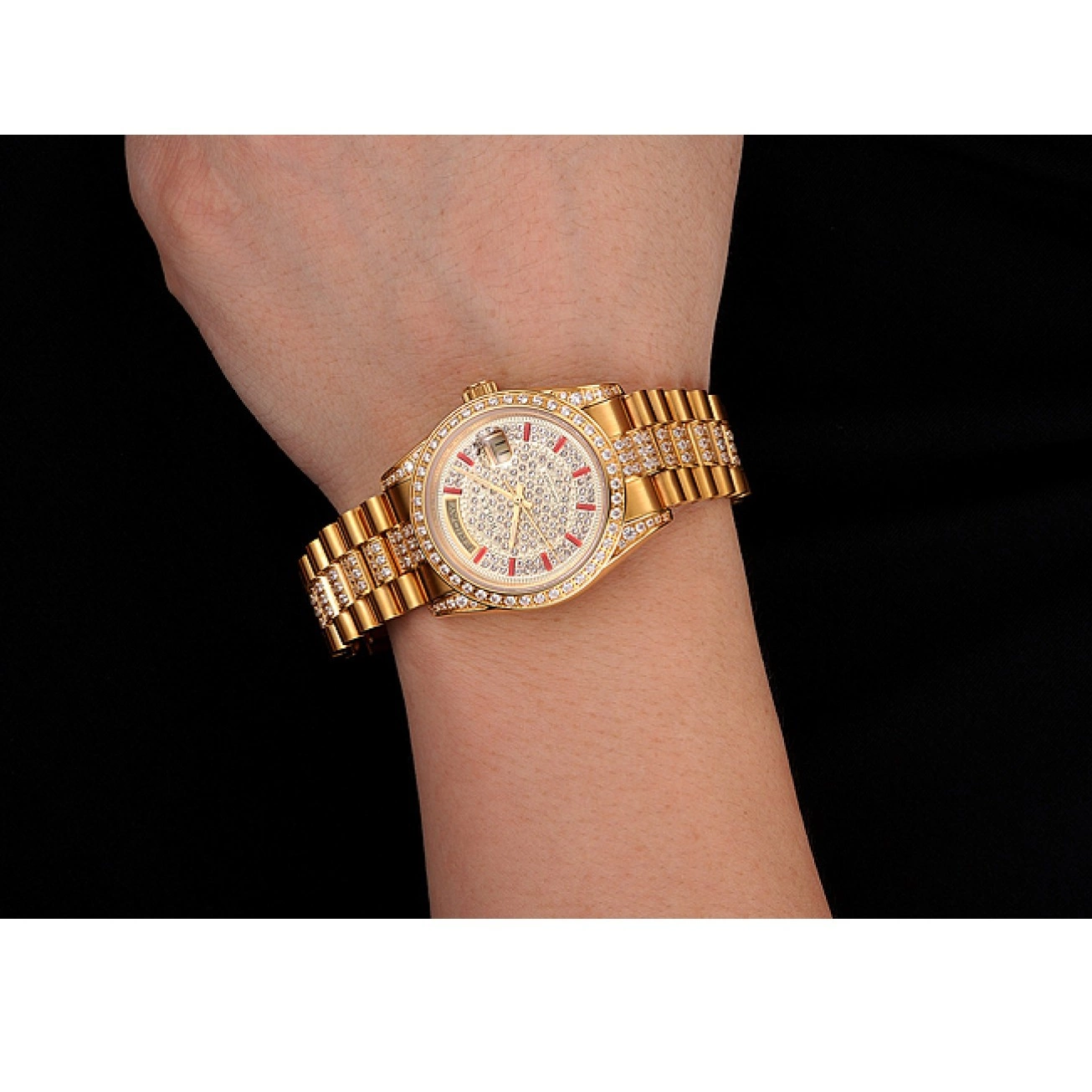Best AAA Replica Sites Swiss 1453960 Diamond Gold Bracelet Day-Date Rolex Diamond Red Pave Dial 0616